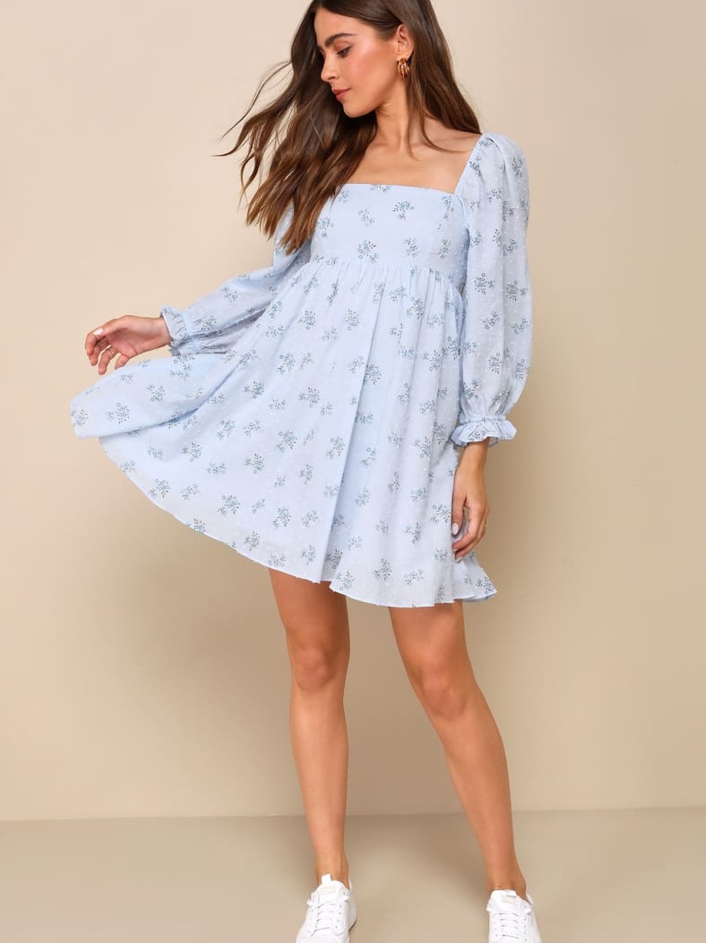 Lulus Always Charming Light Blue Floral Swiss Dot Babydoll Dress - Picture 2 of 6